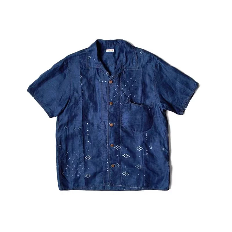 2026 KAPITAL Blue Dye Denim Cotton Print Patchwork  Retro Short Sleeve Shirt TX1587