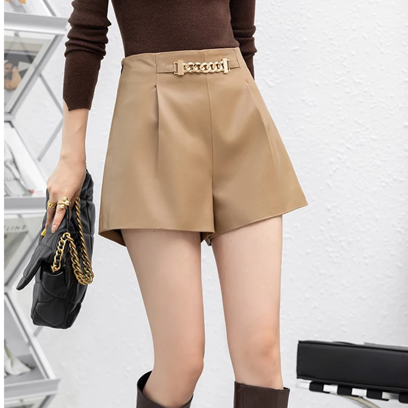 Leather Shorts Femme Western Style Sexy Elastic Waist Wide Leg Pants Mujer Sheepskin Show Thin Metal Chain Leopard Print Shorts