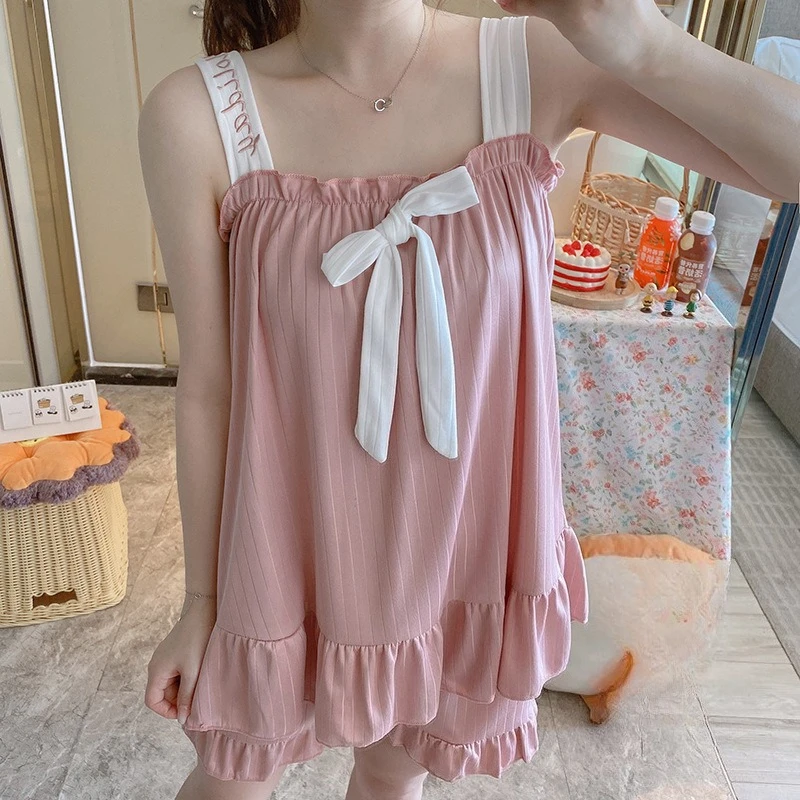 Girl Solid Color Bowknot Camisole Pajama Set Shorts Women Vest Shorts Set Worn Outdoors Student Casual Homewear Woman Loungewear