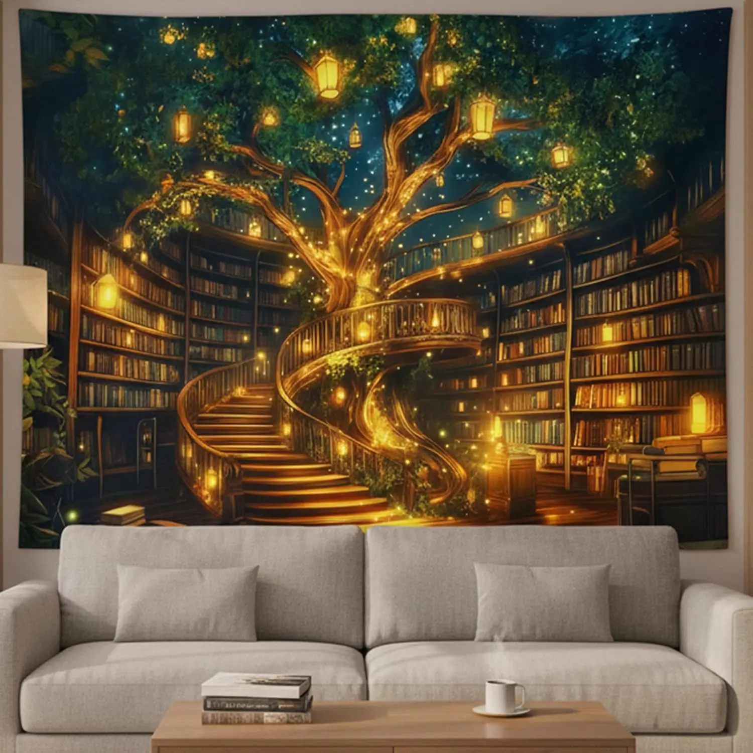 Enchanted Tree Library Tapestry – Magical Bookshelf Reading Room Wall Hanging, Cozy Literary Art Decor for Bedroom, Living Room