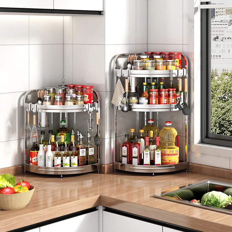 Stainless Steel Kitchen Corner Storage Rack Triangular Knife Holder Oil Salt Vinegar Seasoning Kitchen Shelf Storage Rack