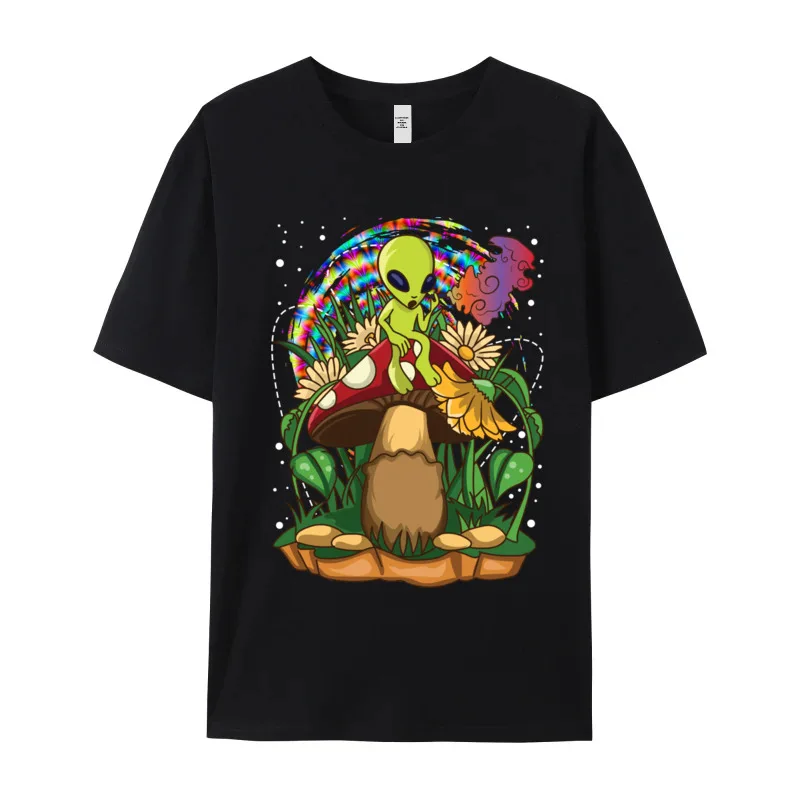 Graphic Mens T-shirts Funny Magic Mushroom Alien Trippy Tops & Tees Pure Cotton Crew Neck Short Sleeve Tee-Shirt Classic