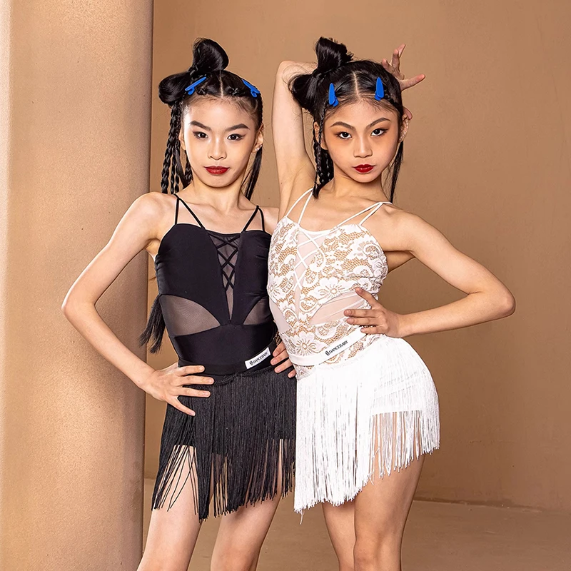 

New Kid Latin Dance Costume Girls Sling Sleeveless Tassels Skirt Set Ballroom Samba Performance Wear Stage Show Clothes VBH579