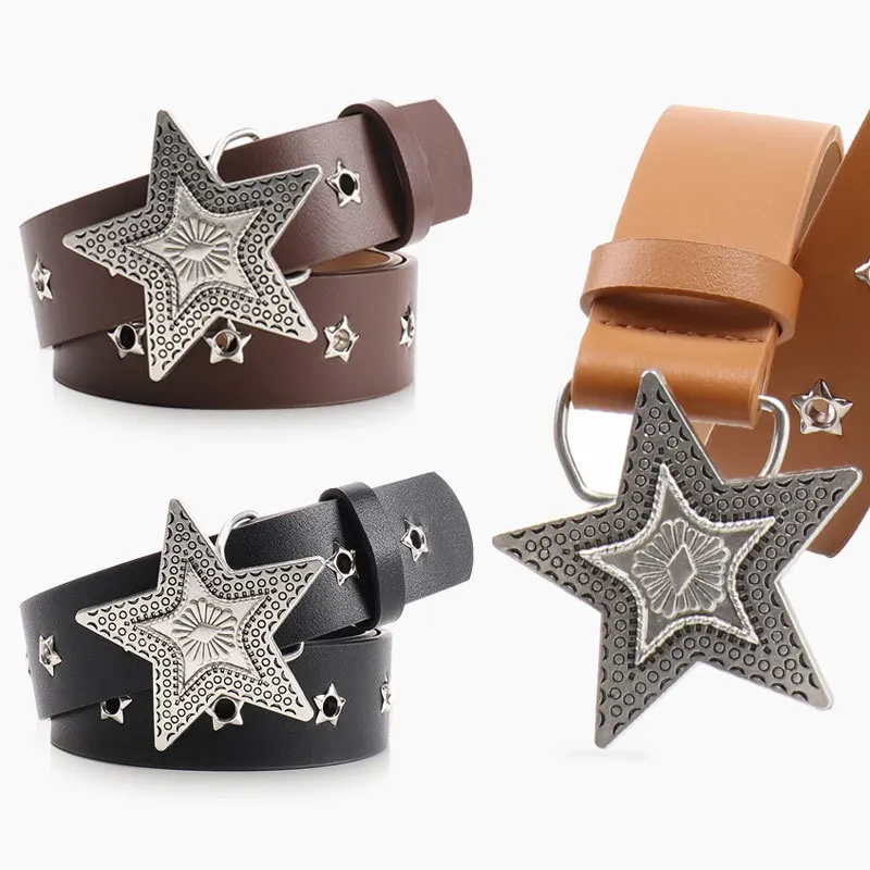 Fashionable Western-Style Five-Pointed Star Buckle Belt  Versatile Korean-Style Retro Denim Belt with Star Design for Women