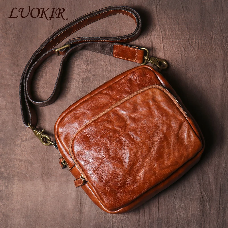 LUOKIR Men\'s Genuine Leather Crossbody Bag Vintage Trend Shoulder Bag Casual Cowhide Waist Bag Personality Small Messenger Bag