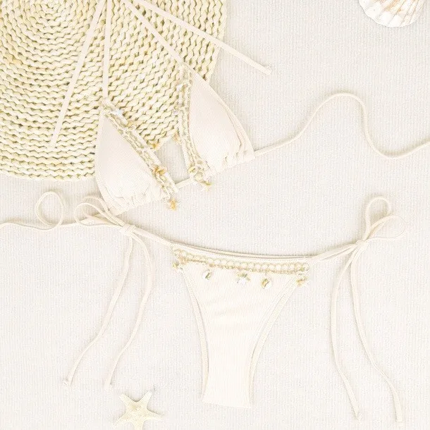 Coquille décoration côtelé Bikini femmes maillots de bain femme maillot de bain deux pièces Bikini ensemble licou à bretelles baigneur maillot de bain bain dame