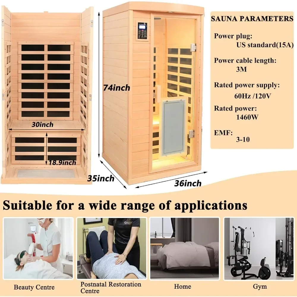 1 persoon lage EMF infraroodsauna, houten ver-infraroodsauna's met Hemlock voor thuis, 1460 W met Bluetooth-luidsprekers, binnensaunaruimte