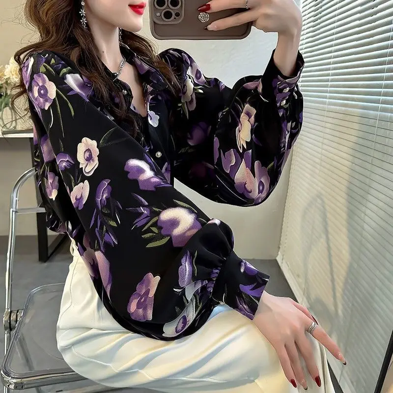 Women's Stylish Floral Print Button Shirt Elegant Chic Commute Lapel Chiffon Blouse Female Lantern Long Sleeve Loose Tops Blusas