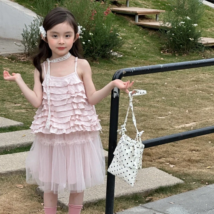 Girls Set 2026 Spring and Summer New Childrens Clothing Girl Baby Design Sense Layers of Tight Edge Top Gauze Skirt Two Sets