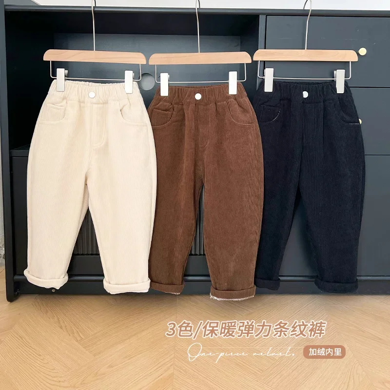 

2023 Winter New Children's Pants Children's All-Match Corduroy Casual Pants Boys Girls' Fleece-Lined Trousers