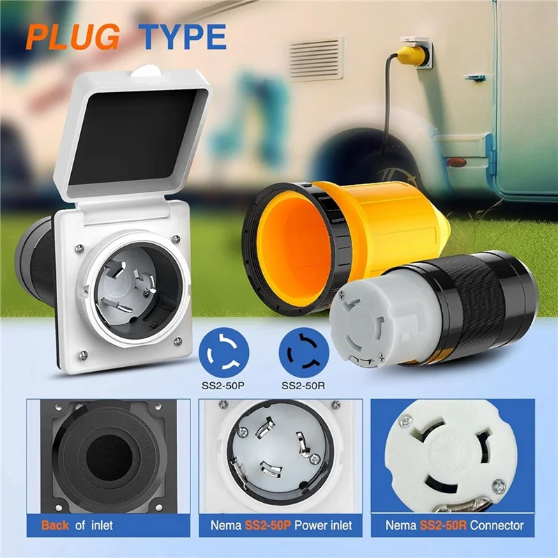 

ABKY-2X 50AMP RV Power Inlet Outlet Комплект питания с защитой шнура загрузки 125/250 В NEMA SS2-50P SS2-50R Twist Lock