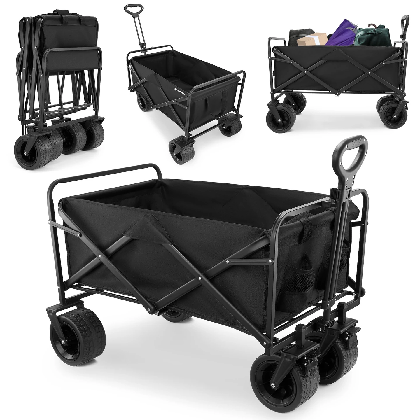 Hypermotion strandwagen, opvouwbare campingwagen voor boodschappen, tuin, off-road, zwart met rem, grote capaciteit
