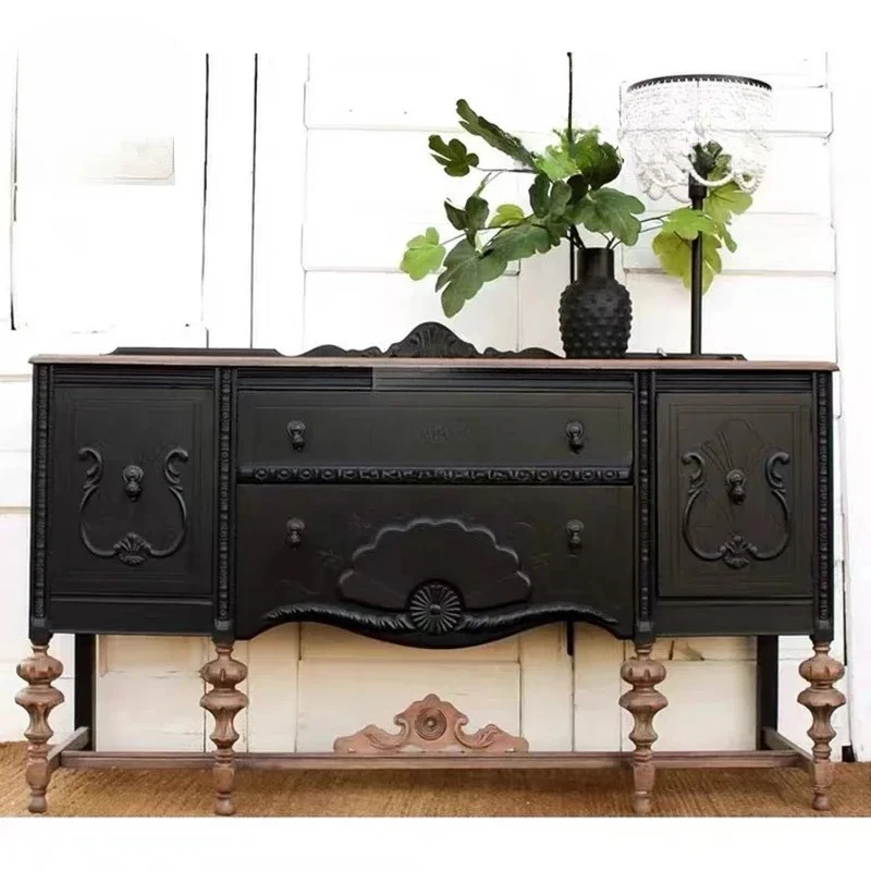 

French black entrance small apartment carved foyer American solid wood living room dining side cabinet