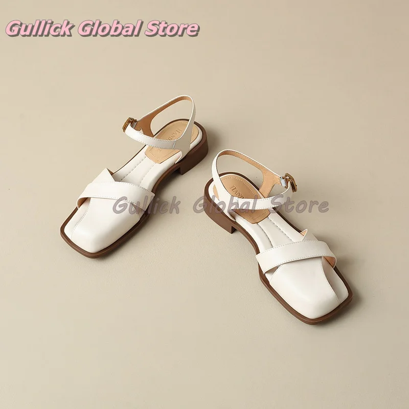 

2024 New Arrival Genuine Leather Square Toe Shallow Ankle Buckle Flat Sandals Comfortable Breathable Wrapped Toe Women Shoes