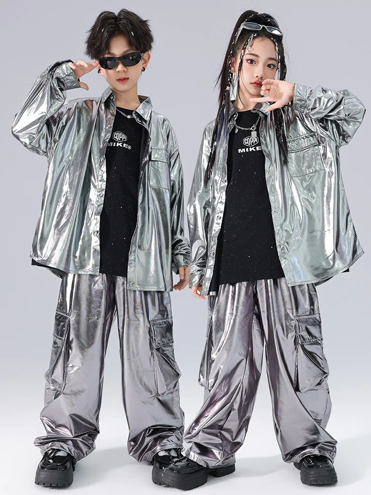 

2024 Girls Hip Hop Dance Clothes Silver Shirt Casual Cargo Pant Set Boys Hip-hop Runway Show Jazz Dance Drum Performance Wear