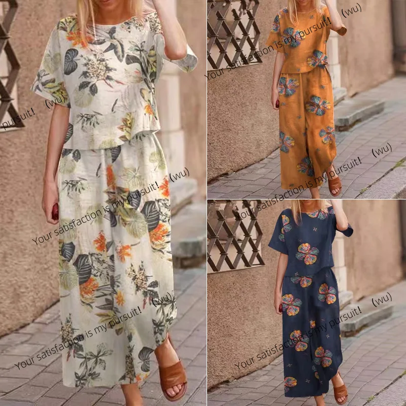 

Новый женский повседневный комплект из хлопка и льна с цветочным принтом и короткими рукавами с девятью точками