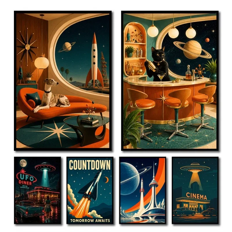 (No frame)Futuristic Outerspace Dog Sci Fi Rocket Astronomy Explore Planets Universe Poster Canvas Painting Wall Pictures Hom