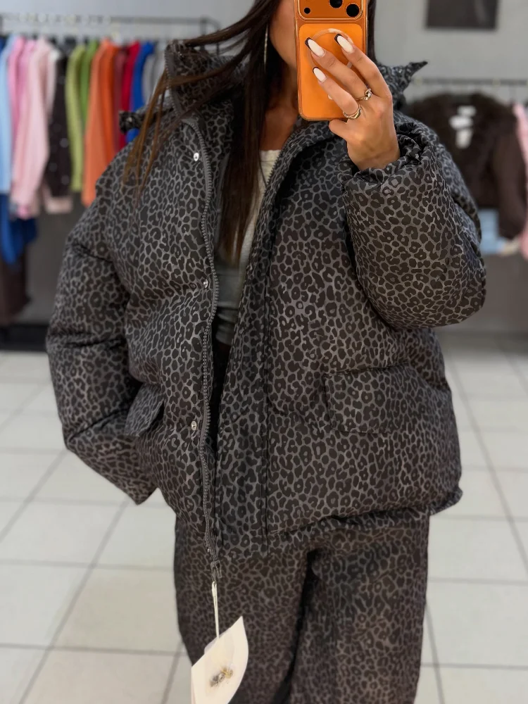Women Gray Leopard Print Soft Hooded Zip Pocket Puffer Jogger Sets Chic Long Sleeve Hem Outfits Winter Daily Street Coordinates