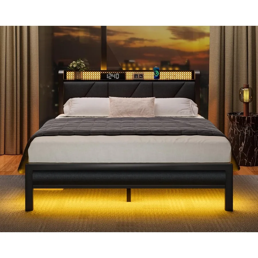Queen Size Platform Bed Frame with Upholstered Headboard Built-in LED Lights Integrated Charging Station with USB Ports Noise-F