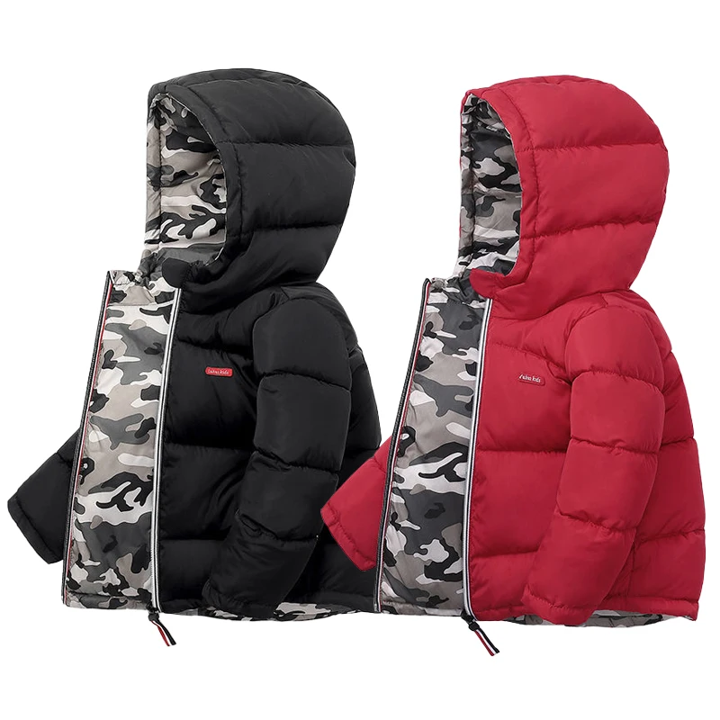 Winter Boys Down Jackets Thicken Warm Double Sided Wear Hooded Kids Coat For 2-10 Years Children Outerwear Clothing