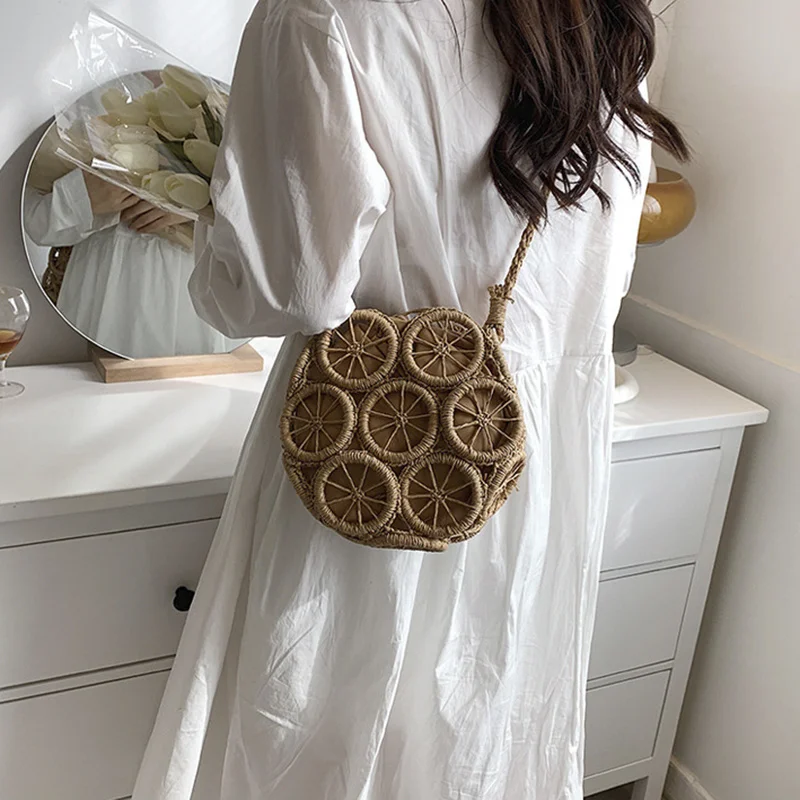 

Round Beach Summer Bag Vintage Straw Handmade Woven Designer Bohemian Casual Travel Crossbody Circle Rattan Woman Shoulder Bags