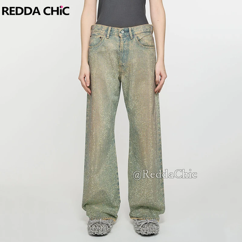 

REDDACHiC Sparkly Rhinestone Women's Baggy Jeans Hip Hop Luxury Distressed Vintage Washed Loose Wide Leg Pants Y2k Streetwear