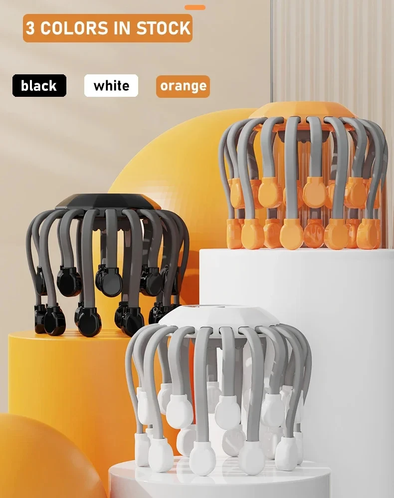 Masajeador de cuero cabelludo naranja con 20 cabezales de masaje, rascador de pulpo vibratorio con luz roja para relajación, alivio del estrés y alivio de la migraña