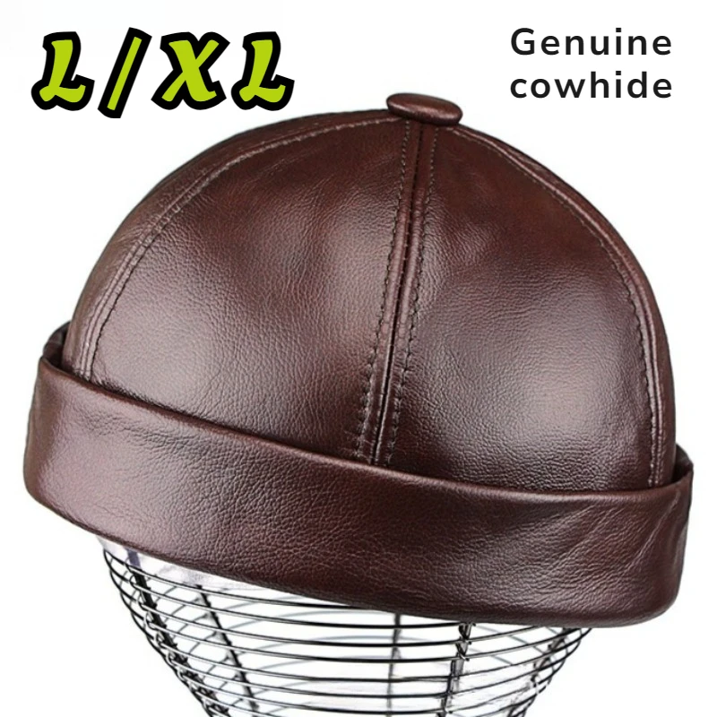 

Men Genuine Leather Skullcap Sailor Cap Hat Man Winter Warm Beanies Rolled Cuff Retro Brimless Genuine Leather Landlord Hat