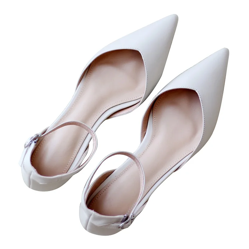 One Strap Women Flats Beige Nude Ballet Shoes Pointed Toe Office Work Shoes Cowhide Leather Buckle Simple Flats Women\'s Pregnant