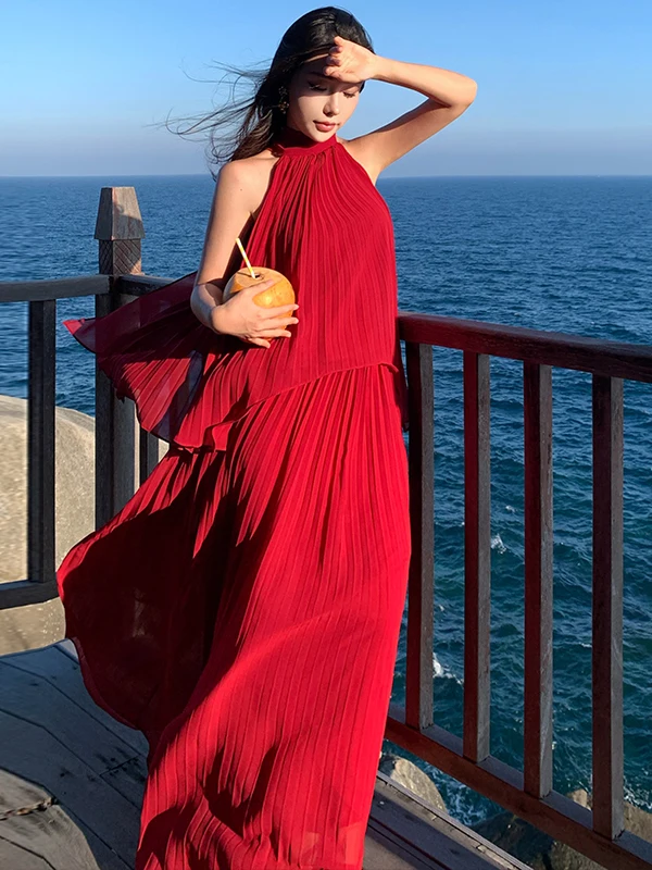 

Red Chiffon Flowing Neckline Set Vacation Style Skirt And Top Two-Piece Women's Fashion Breathable Polyester Summer Outfit