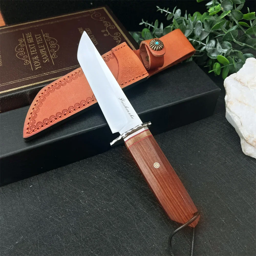 

Durable 9Cr13Mov Blade Outdoor Tactical Knife Red Sourwood Handle Non-Skid Grip for Camping Hunting Fishing