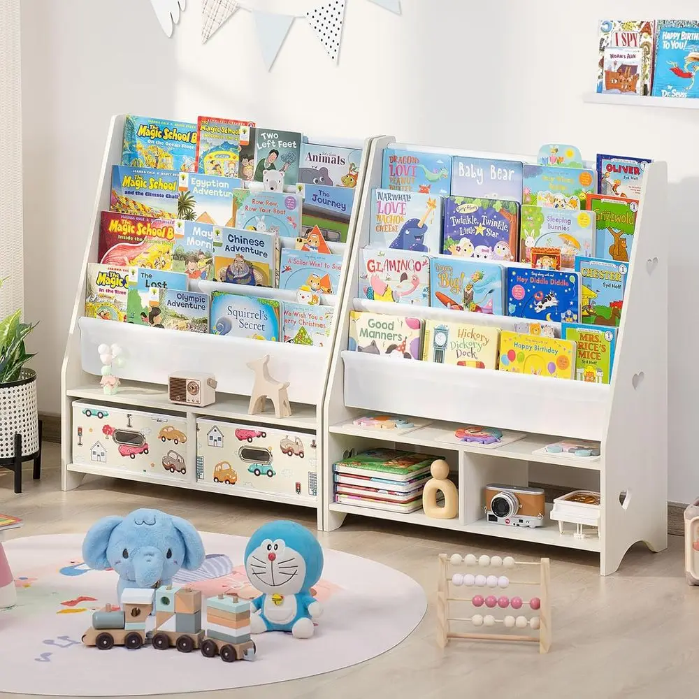 

5 Tier Kids Bookshel, Beige Children Sling Book Shel with 2 Ders, Baby Toddler Wooden Bookcase and Book Rack, Display Shelves St