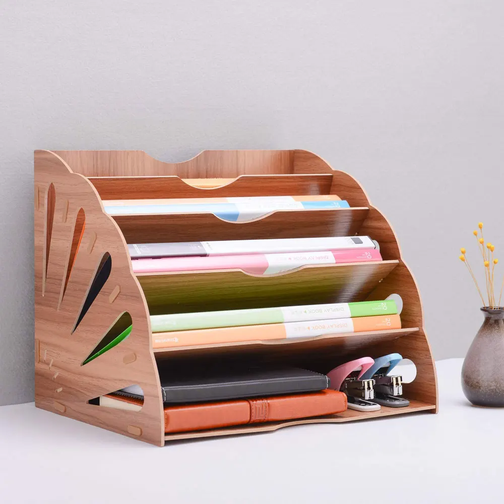 1-piece fan-shaped file organizer, wooden desktop file holder, 5-layer snap-on design, multi-layer bookshelf.