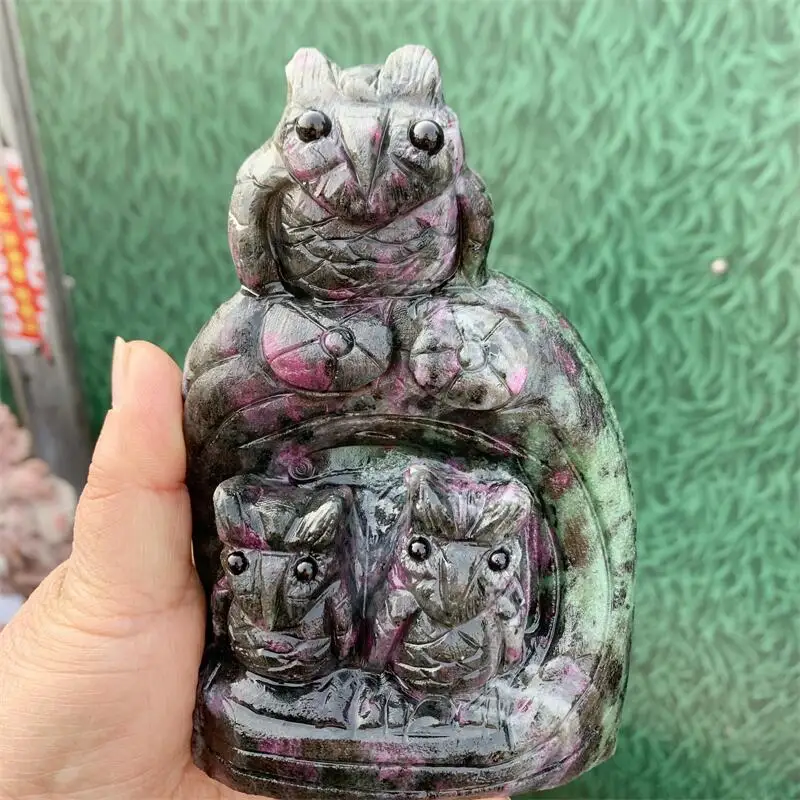 Natural Ruby In Zoisite Owl Carving Healing Figurine Reiki Gemstone Crafts Home Decoration Holiday Gift 1pcs