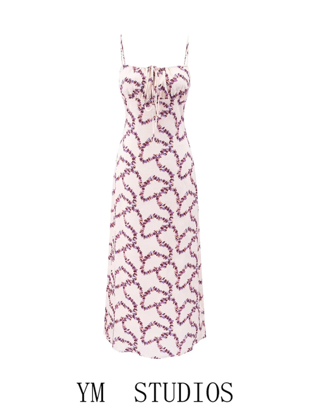 Low Cut Floral Sexy Strap Dress Vacation Style Long Skirt Women's Fashion Drawstring High Waist Polyester Summer Dress