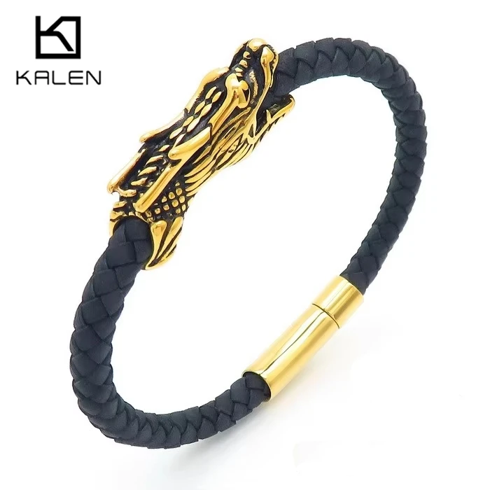 KALEN Neo-Gothic Stainless Steel Animal Dragon Charm Bracelets For Men Sporty Red Leather Wrap Bangle Homme Jewelry