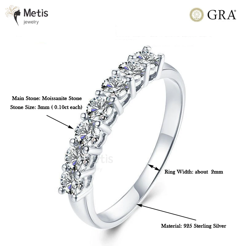 S925 Sterling Silver Channel/Prong Set Moissanite Half Eternity Ring 0.7cttw/1.12cttw D Color Stackable Wedding Band for Women