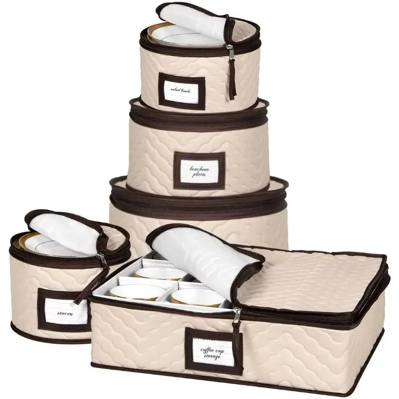 5-piece set of storage containers, including a mobile glasses case, te a saucer, sturdy quilted microfiber tableware organizer
