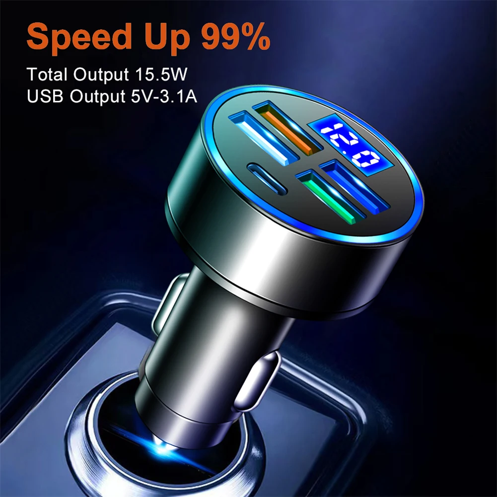 15.5W 4USB Car Charger Type-C Digital Display Car Power Charger 5V 3.1A With Voltage Detection Multi-port Car Power Adapter