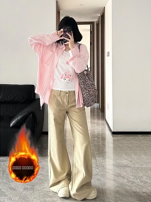 

Женские джинсы-клеш с цветной подкладкой из флиса, осенне-зимние, теплые, с низкой посадкой, свободные, широкие штанины, винтажный стиль