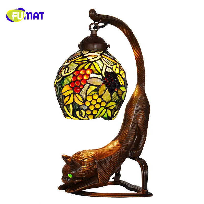 Tiffany Retro Table Lamp Stained Glass Grape Wisteria Lampshade Cat Stand Desk Lamp Living Dining Room Hotel Bedside Decor Light