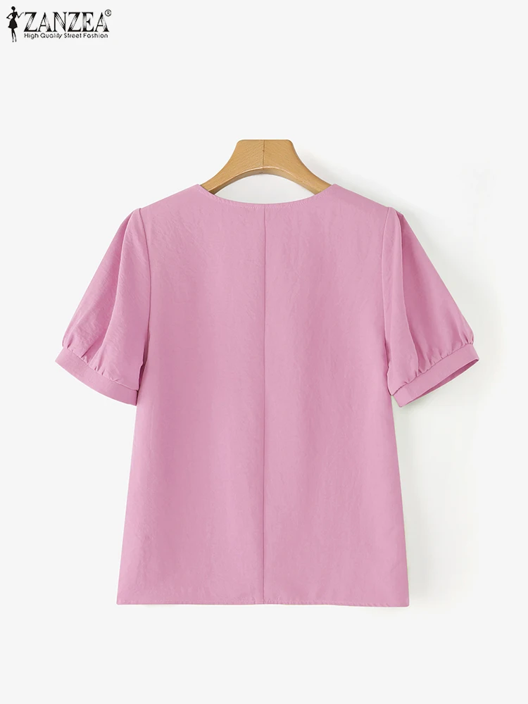 ZANZEA قمصان مكتب صيفية 2025 بلوزات نسائية أنيقة بأكمام قصيرة وأزرار سفلية قميص موضة OL بلوزة عمل غير رسمية برقبة دائرية #4