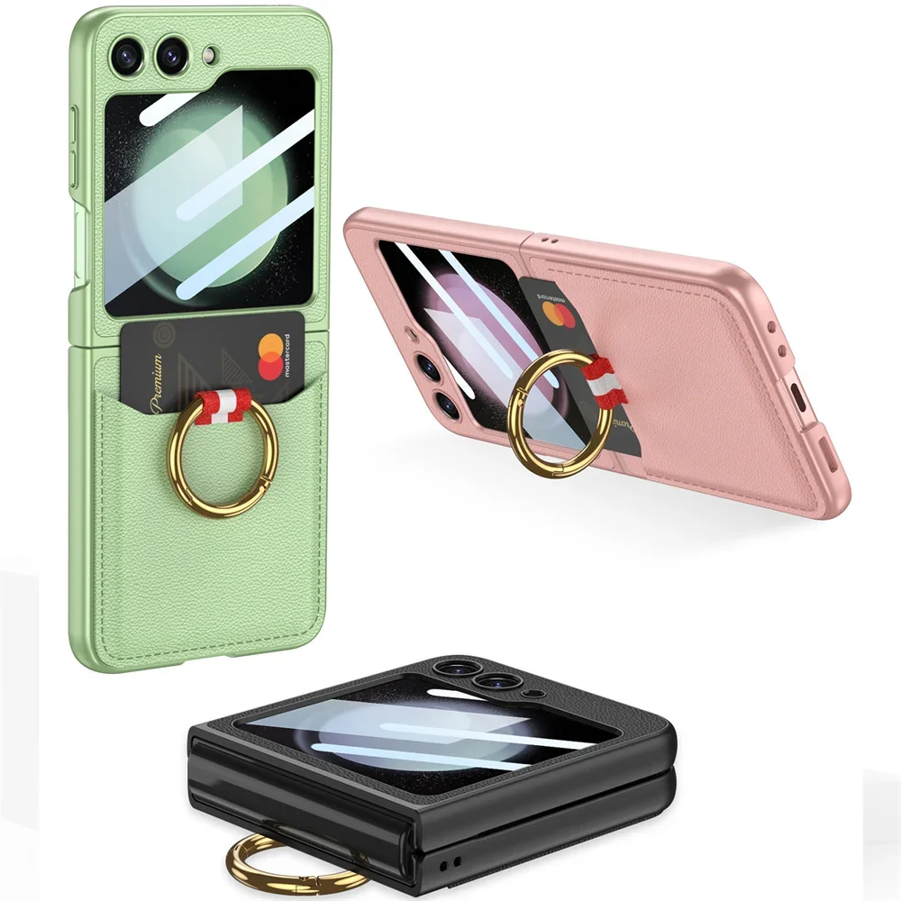 

For Samsung Z Flip 6 5 Leather Ring Holder Wallet Case for Samsung Galaxy Z Flip 6 5 Z Flip 6 5G Card Bag Stand Bracket Cover