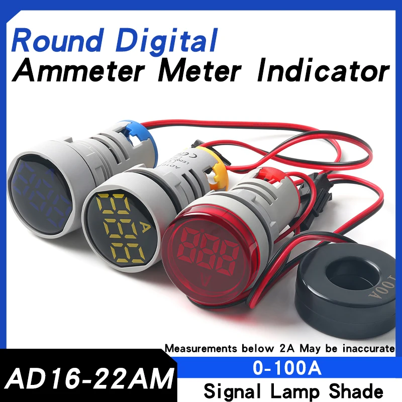 

22MM Round Digital Ammeter Light 2-100A LED Light Round Light Maximum AC380V Tester Instrument Monitor