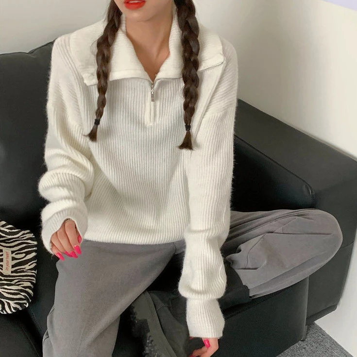 

Women Sweater Oversize Zipper Knitted Pullover Long Sleeve Solid Color Loose Ladies Sweaters Autumn Winter Women's Turtleneck