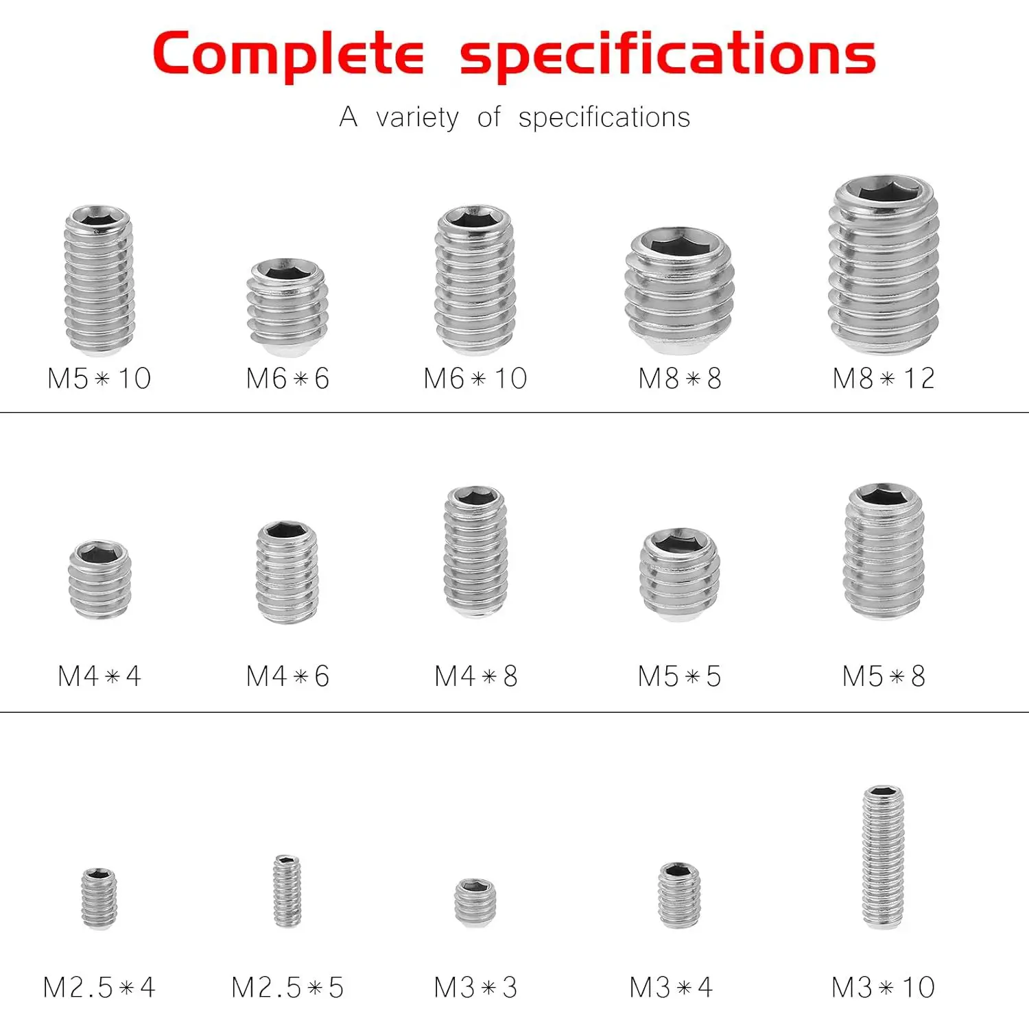 750Pcs Set, 304 Stainless Steel Silver & 12.9 Grade Carbon Steel Black Socket Set Screws, Cup Point Grub Screws