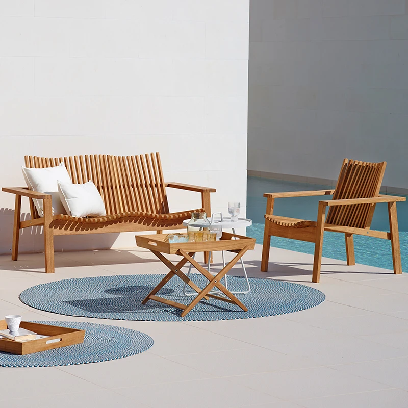 #Patio Garden Outdoor Teak Sofa Hotel Resorts All-weather Waterproof Furniture Set Villa Patio Wooden Sofa