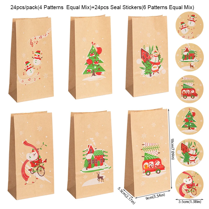 24 Sets Vintage Weihnachtsgeschenktüten Weihnachtsmann Schneemann Kraftpapiertüte mit Aufklebern Urlaub Weihnachten Partybevorzugung Verpackungszubehör – Detail 2