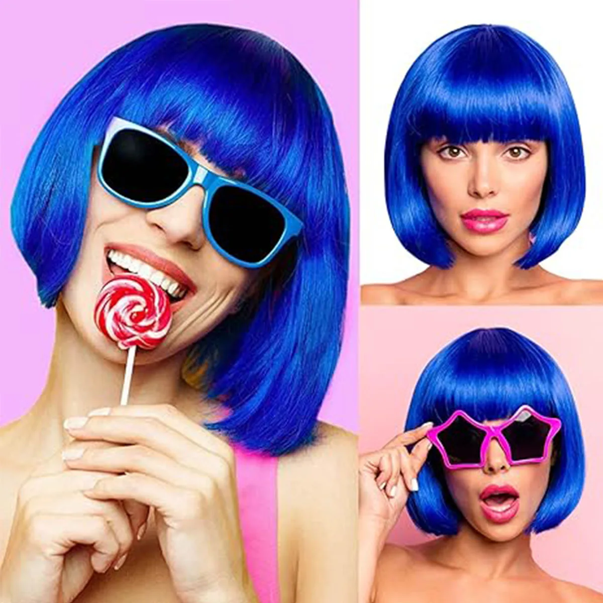 Europe beautiful woman Bobo head wig headgear cosplay dark blue Qi bangs chemical fiber Bob Wig