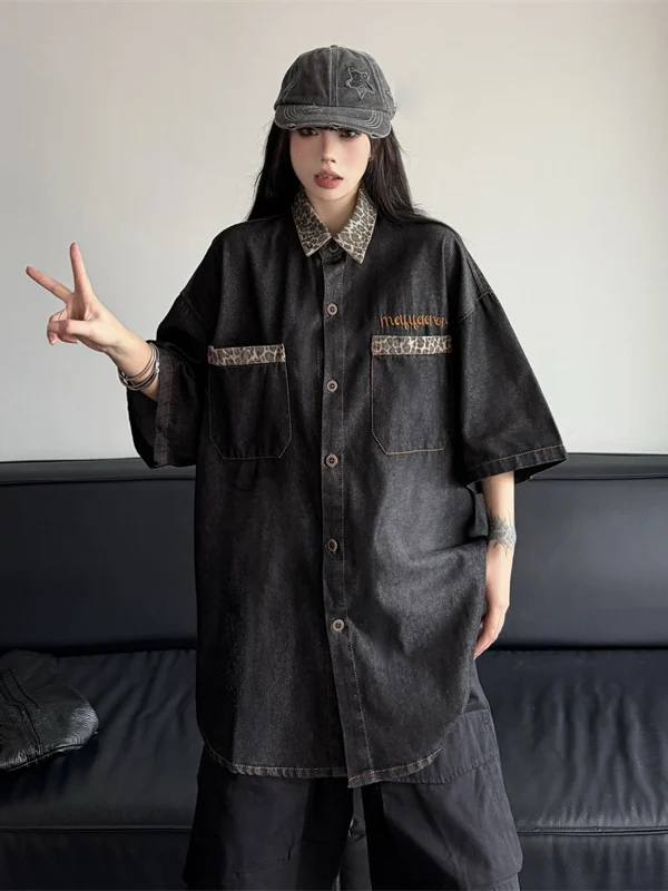 

ex Loose Fit ort Sve Denim irt American Retro Summer Trendy Couple Outerwear Youth ular Sle Single Button Clo...